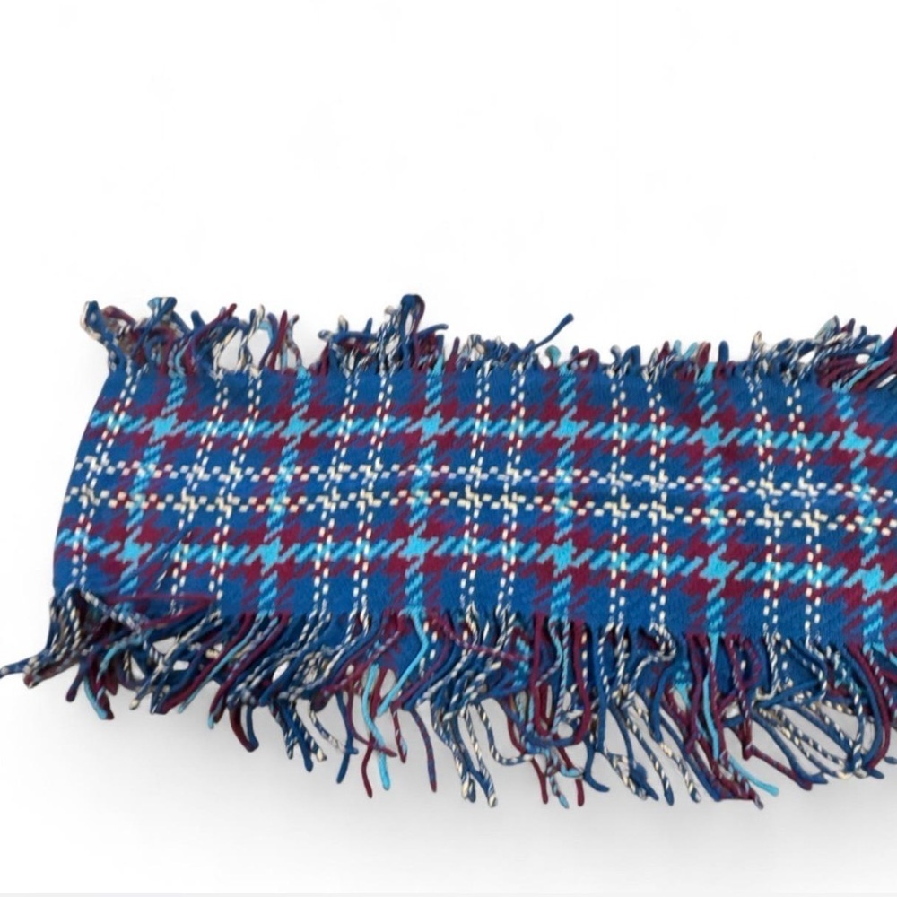 Oversized Plaid Blanket Scarf Blue Burgundy Fringe Cozy Fall Winter Wrap - Picture 2 of 6
